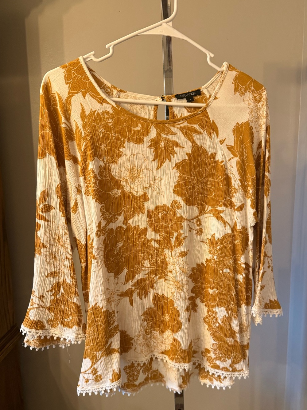 Papermoon Cream and Mustard Floral Scoop Neck Long Sleeve Top